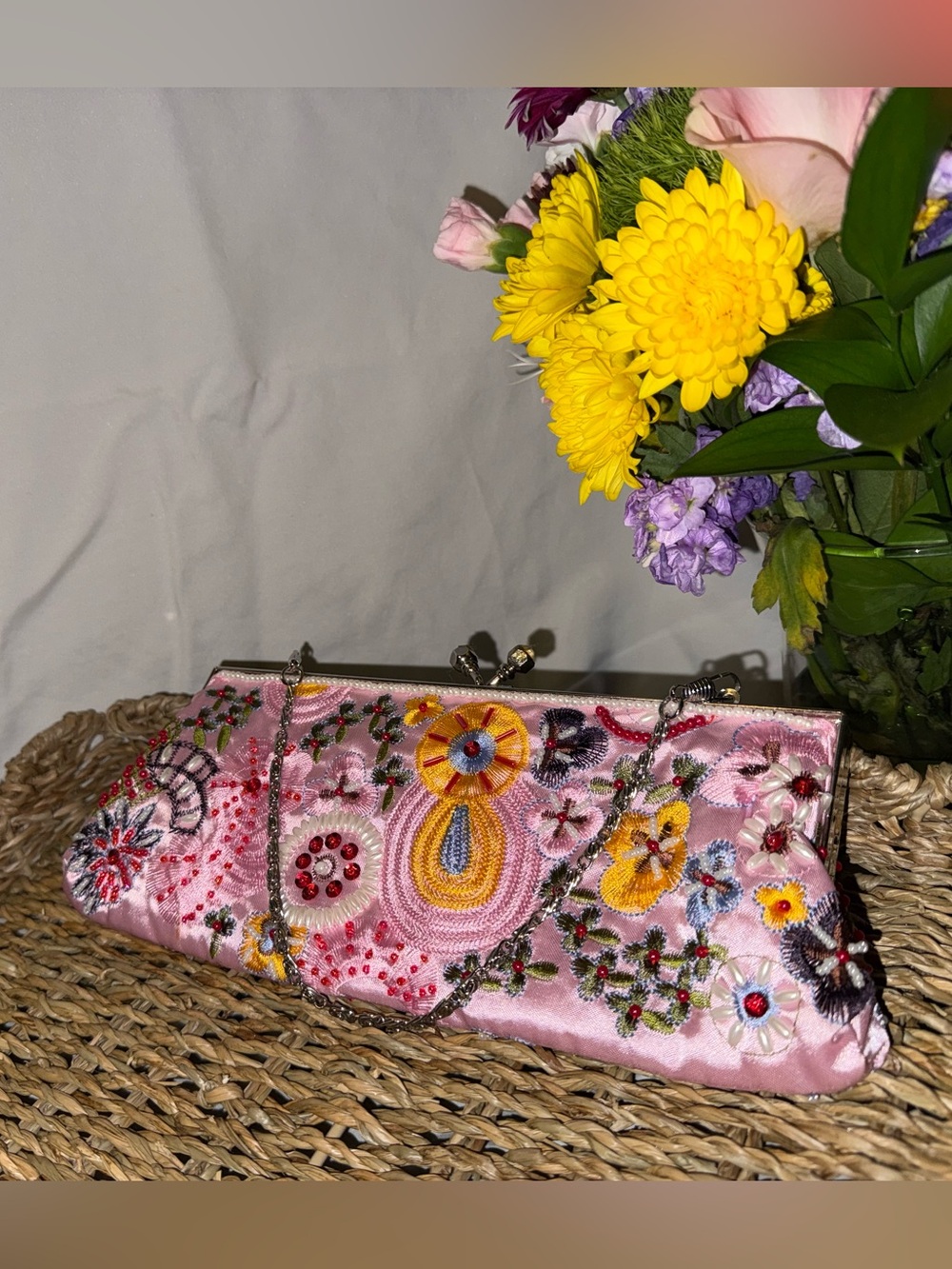 Pink Beaded Satin Clutch Evening Bag Embroidered Floral Purse Y2K
